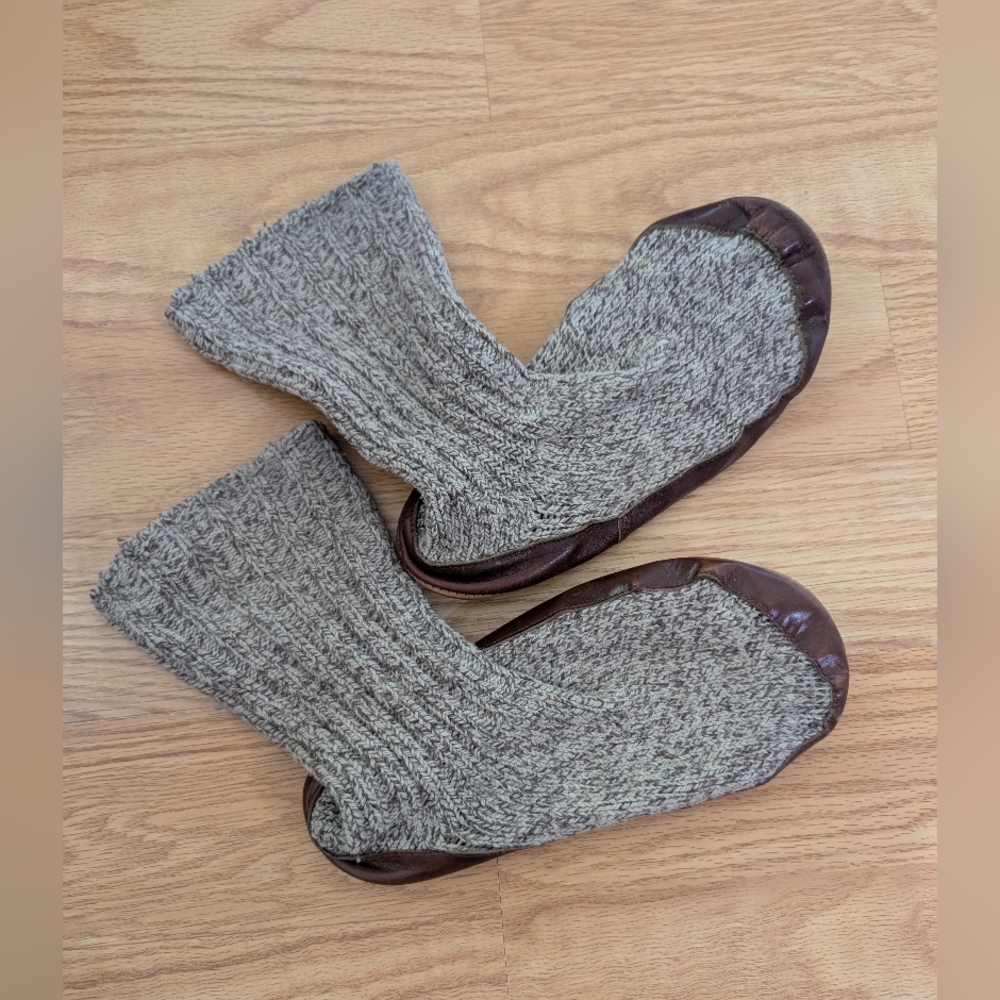 Eddie Bauer Heathered Taupe Knit & Brown Leather Slipper Boots - Picture 3 of 4